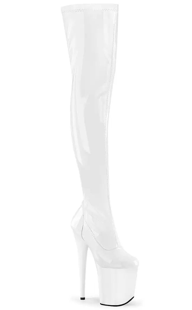 FLAMINGO-3000 White Patent Thigh High Boots