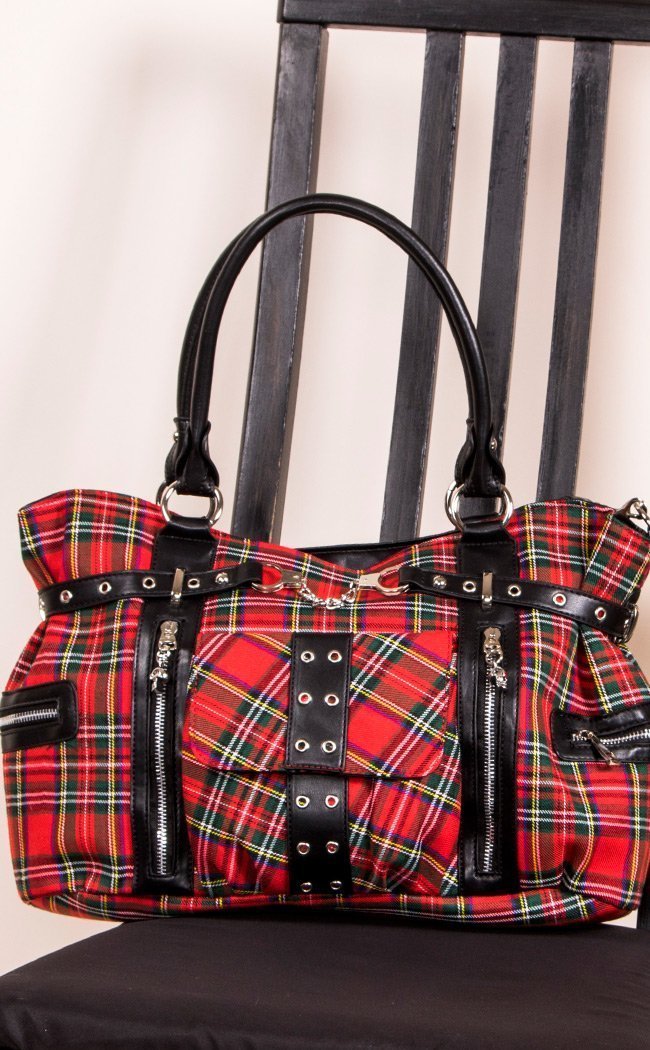 Sac Bandoulière Banned Tartan Punk Goth Rouge - Messenger Écossais Avec Pochette Amovible