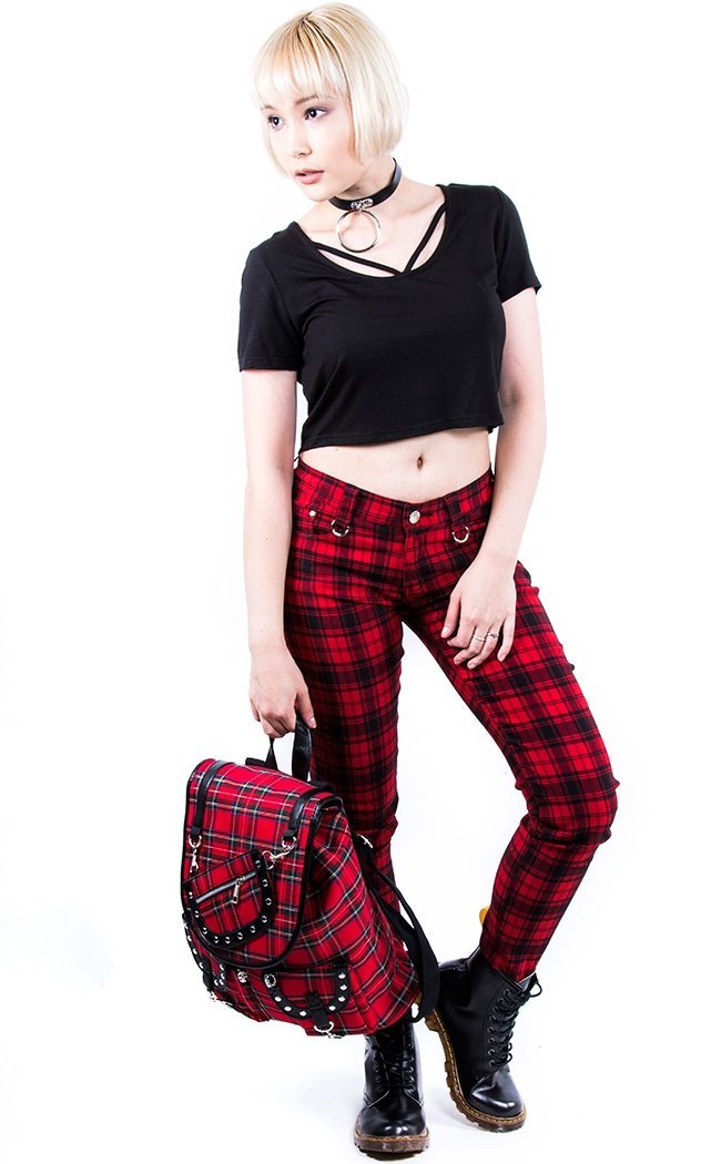 Tartan Check Skinny Jeans Red-Banned Apparel-Tragic Beautiful