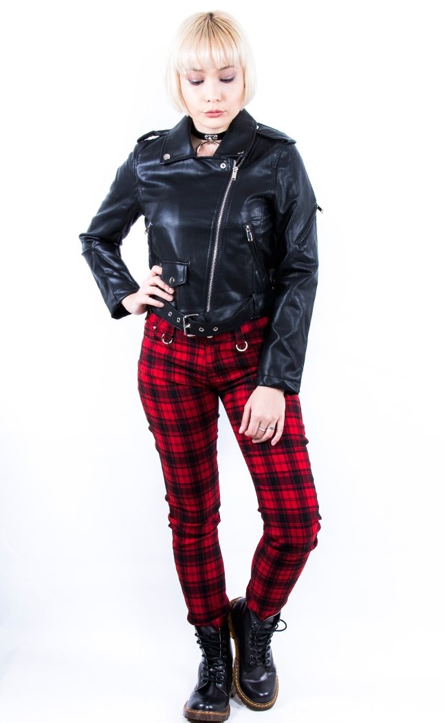 Tartan Check Skinny Jeans Red-Banned Apparel-Tragic Beautiful