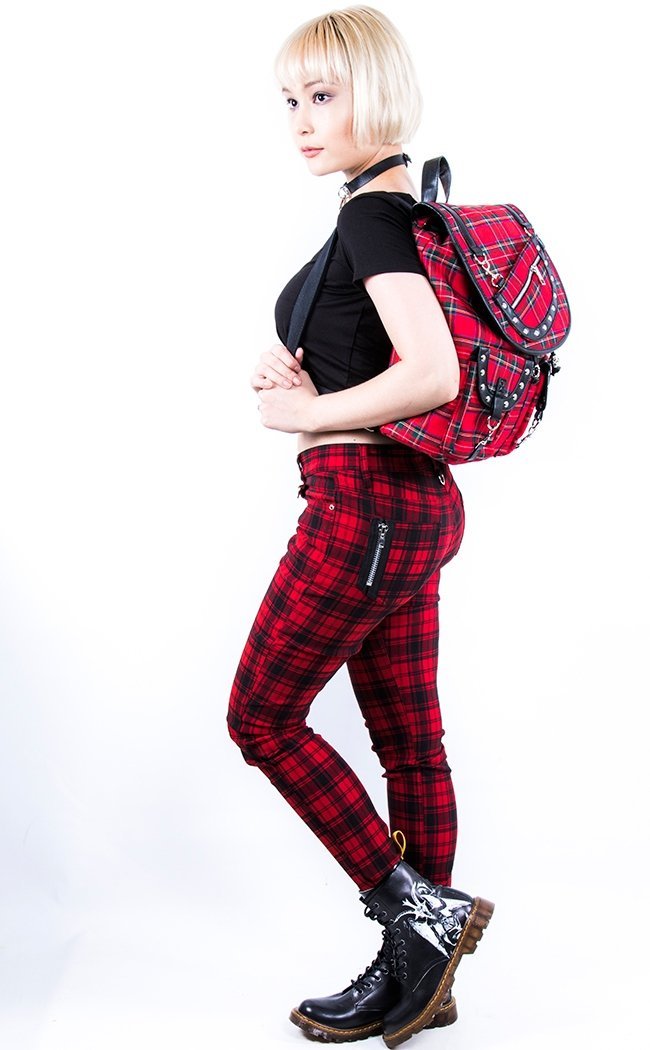 Tartan Check Skinny Jeans Red-Banned Apparel-Tragic Beautiful