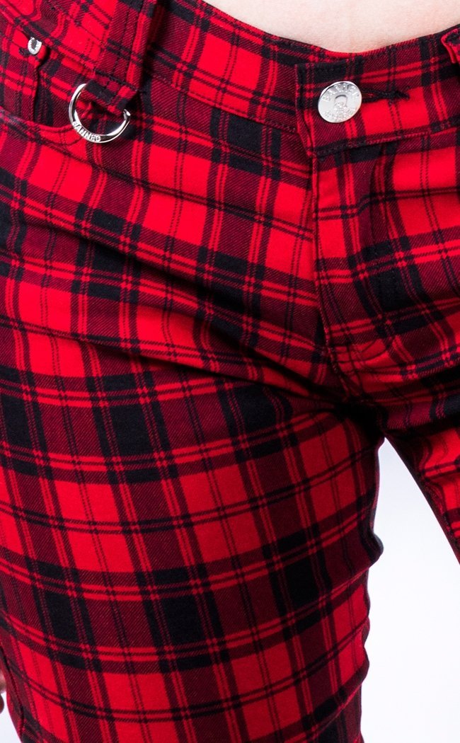 Tartan Check Skinny Jeans Red-Banned Apparel-Tragic Beautiful