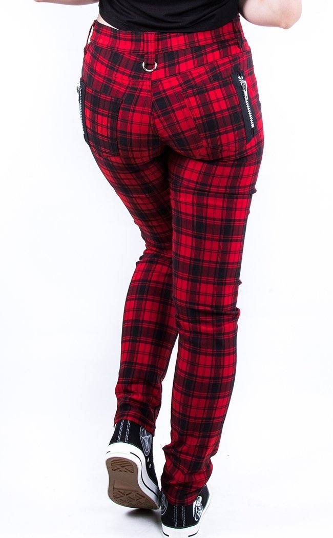 Tartan Check Skinny Jeans Red-Banned Apparel-Tragic Beautiful