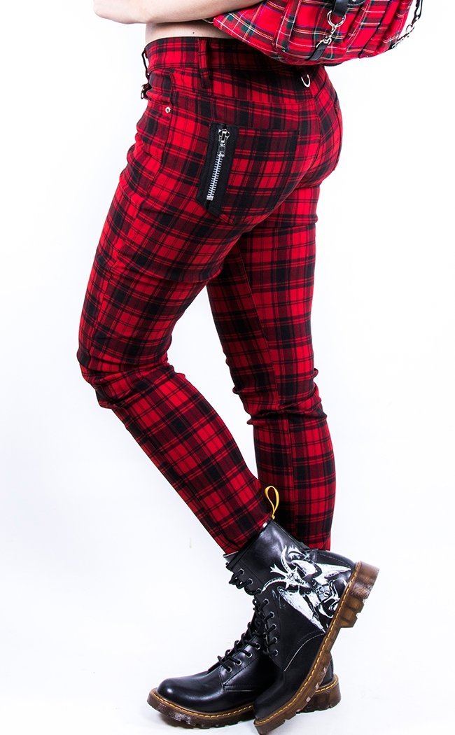 Tartan Check Skinny Jeans Red-Banned Apparel-Tragic Beautiful