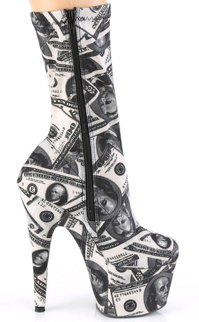 ADORE-1002DP Black & White Stretch Money Print Boots-Pleaser-Tragic Beautiful