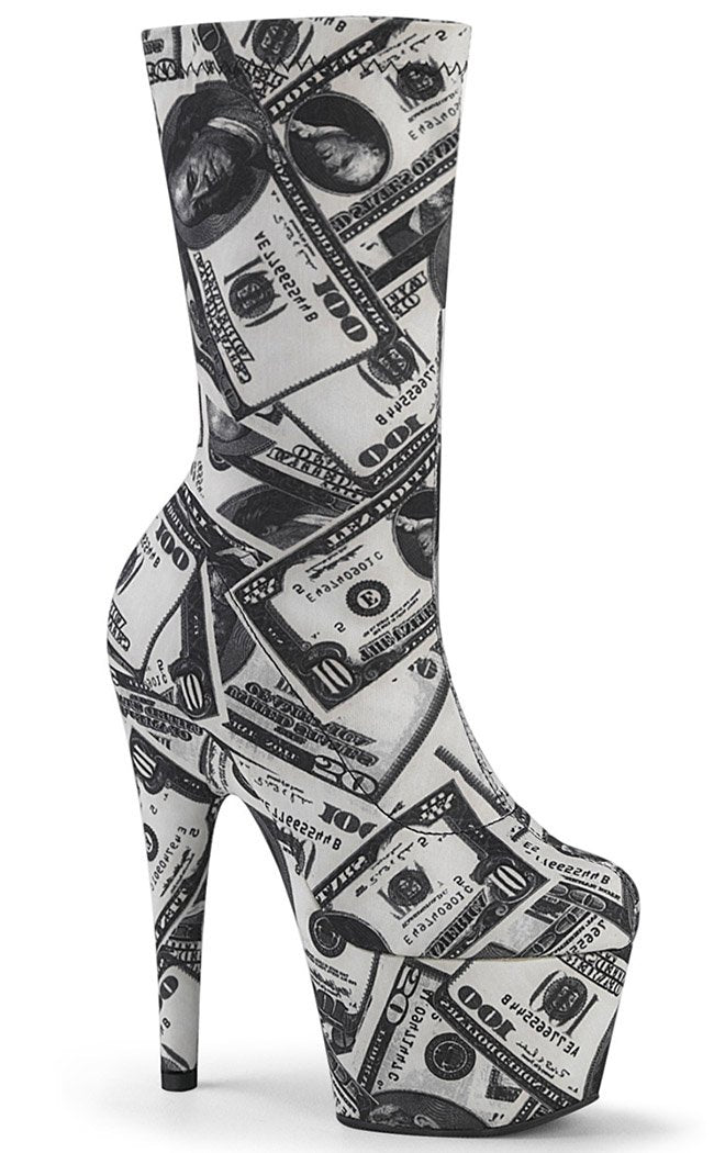ADORE-1002DP Black & White Stretch Money Print Boots-Pleaser-Tragic Beautiful