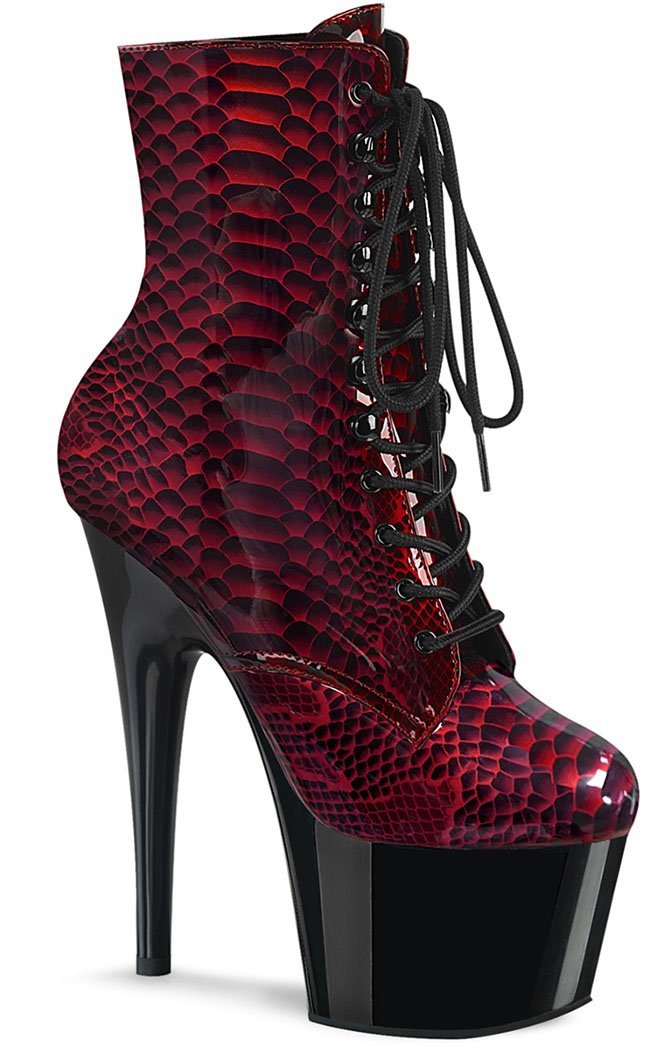 ADORE-1020SP Red Snake Print Ankle Boots-Pleaser-Tragic Beautiful