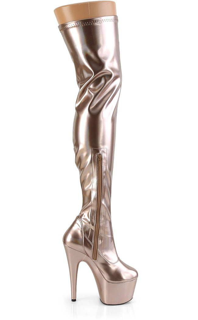 ADORE-3000 Rose Gold Holo Thigh High Boots-Pleaser-Tragic Beautiful