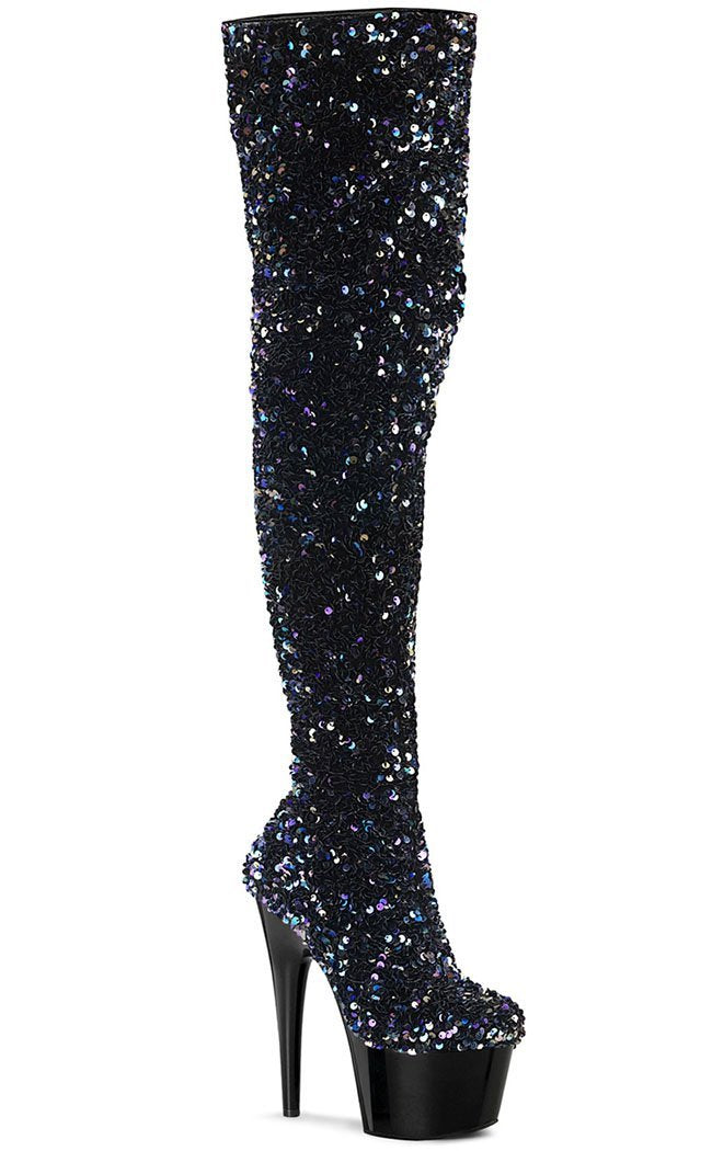 ADORE-3020 Black Sequin Thigh High Boots-Pleaser-Tragic Beautiful