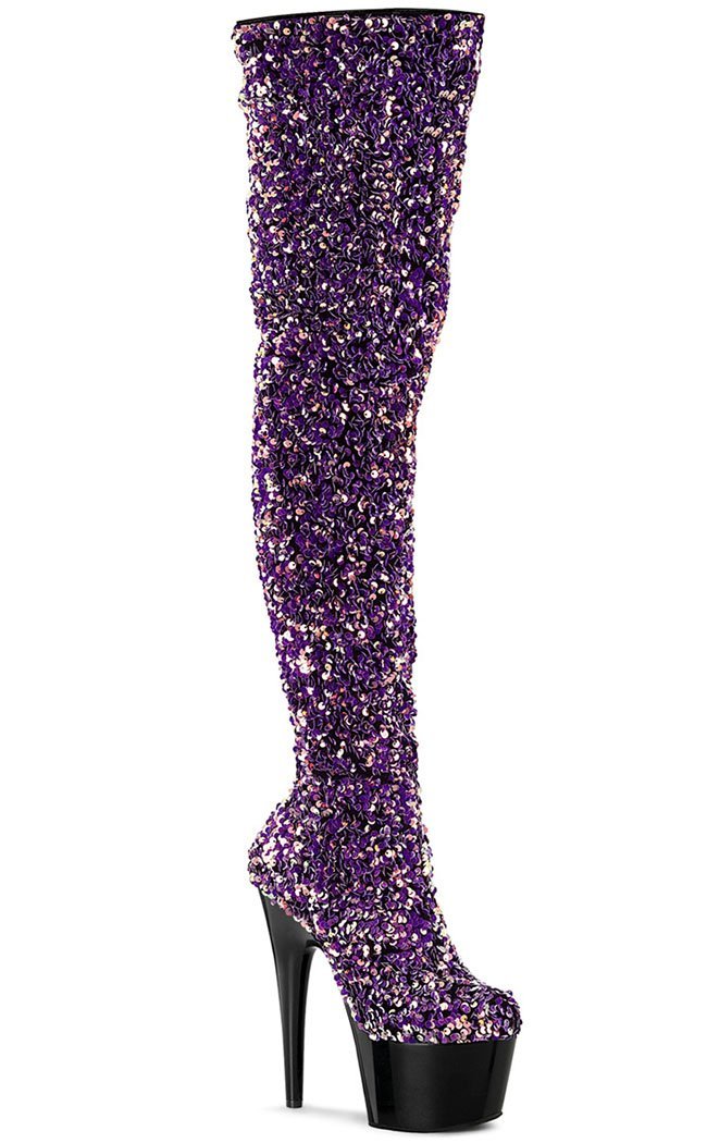 ADORE-3020 Purple Sequin Thigh High Boots-Pleaser-Tragic Beautiful