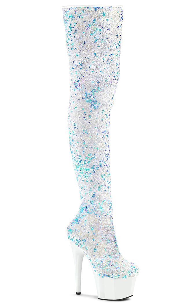 ADORE-3020 White Sequin Thigh High Boots-Pleaser-Tragic Beautiful