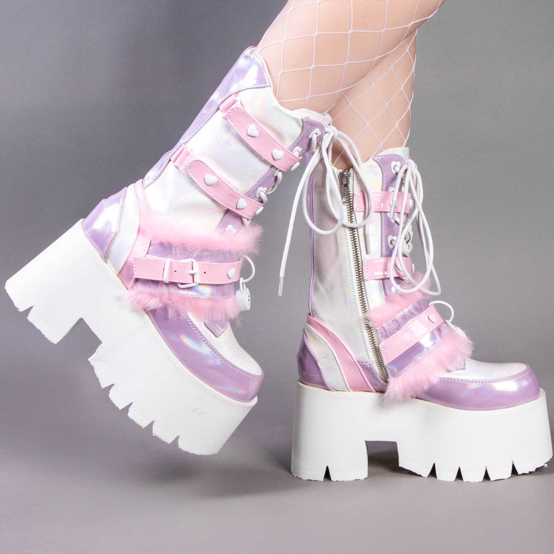 ASHES-120 Baby Pink & Lavender Holo Platform Boots-Demonia-Tragic Beautiful