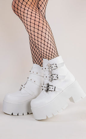 ASHES-55 White Vegan Buckled Ankle Boots-Demonia-Tragic Beautiful