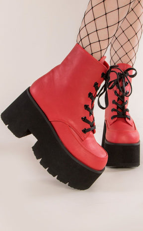 ASHES-57 Red Vegan Leather Cuff Platform Ankle Boots-Demonia-Tragic Beautiful