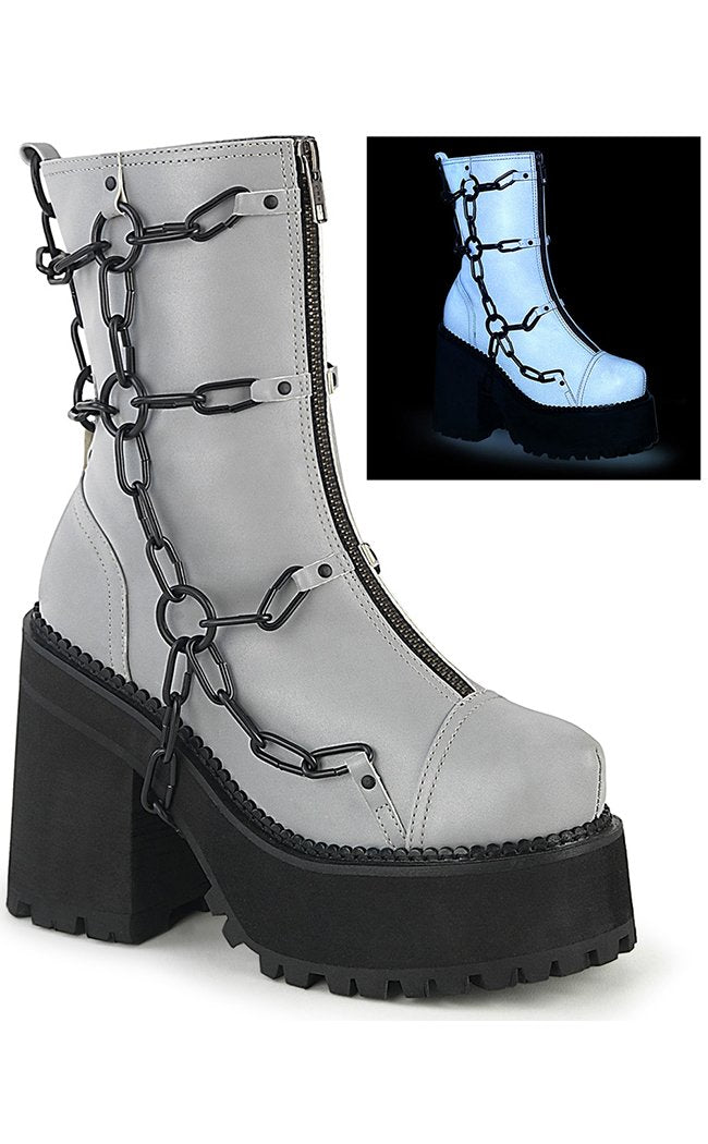 ASSAULT-66 Grey Reflective Chain Boots-Demonia-Tragic Beautiful