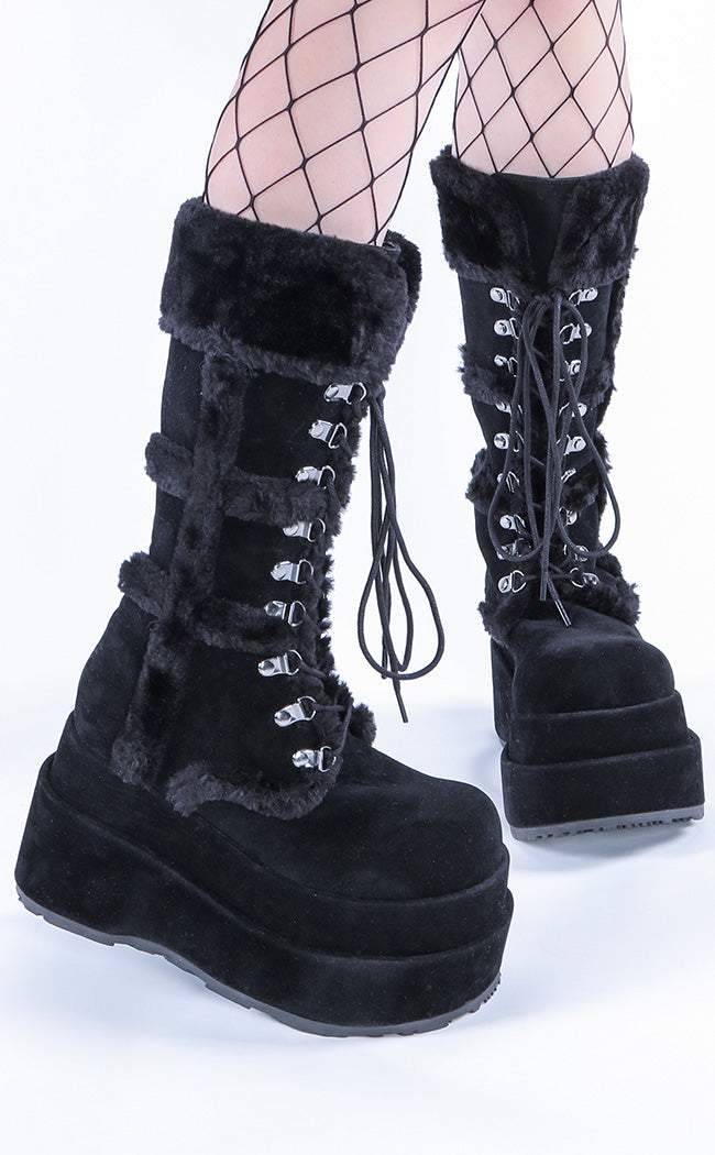 BEAR-202 Black Suede Knee-High Boots (Au Stock)-Demonia-Tragic Beautiful