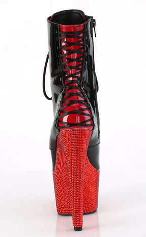 BEJEWELED-1020FH-7 Black & Red Patent Rhinestone Boots-Pleaser-Tragic Beautiful