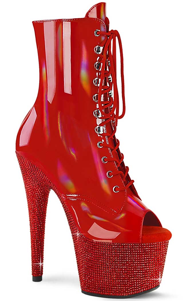 BEJEWELED-1021-7 Red Holo Patent Rhinestone Boots-Pleaser-Tragic Beautiful