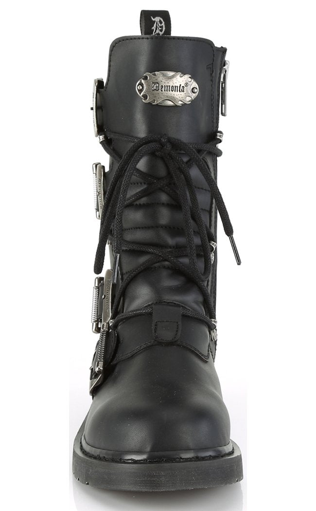 BOLT-265 Black Lace Up Buckle Boots-Demonia-Tragic Beautiful
