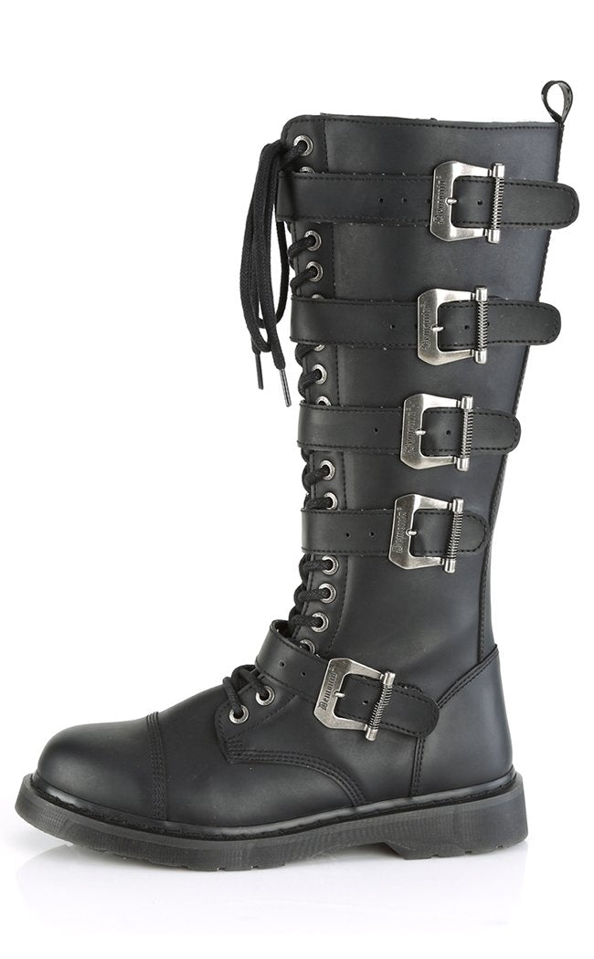 BOLT-425 Black Knee High Buckle Boots-Demonia-Tragic Beautiful