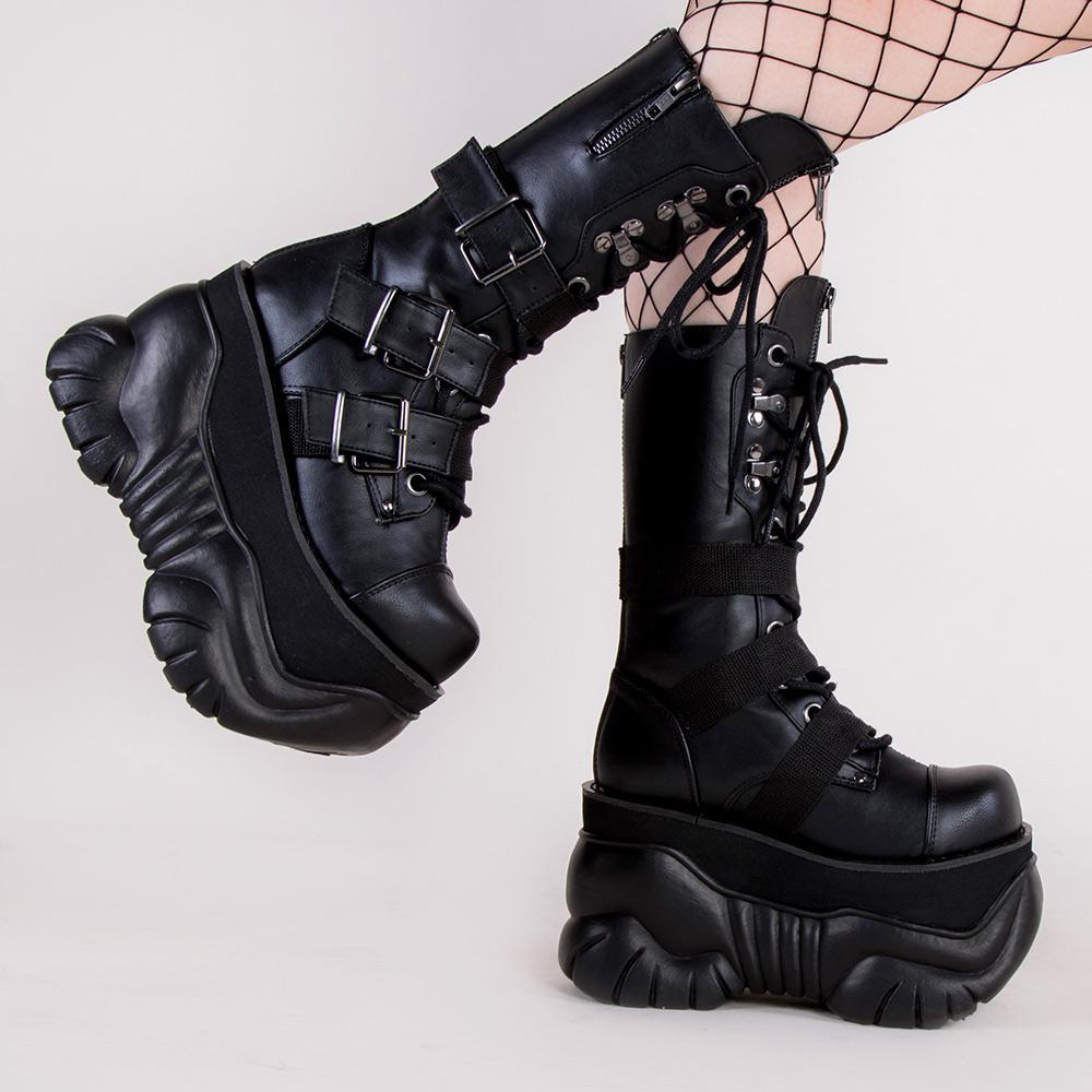 BOXER-230 Black Buckle Boots-Demonia-Tragic Beautiful