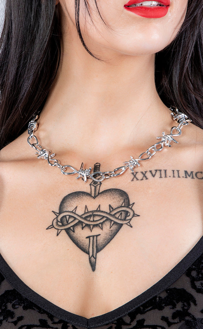 Barbed Wire Long Necklace-Cold Black Heart-Tragic Beautiful