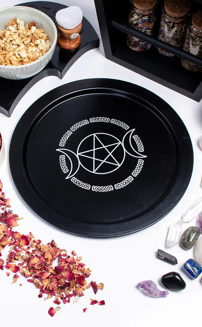 Black Triple Moon Pentacle Offering Plate-Witchcraft Supplies-Tragic Beautiful