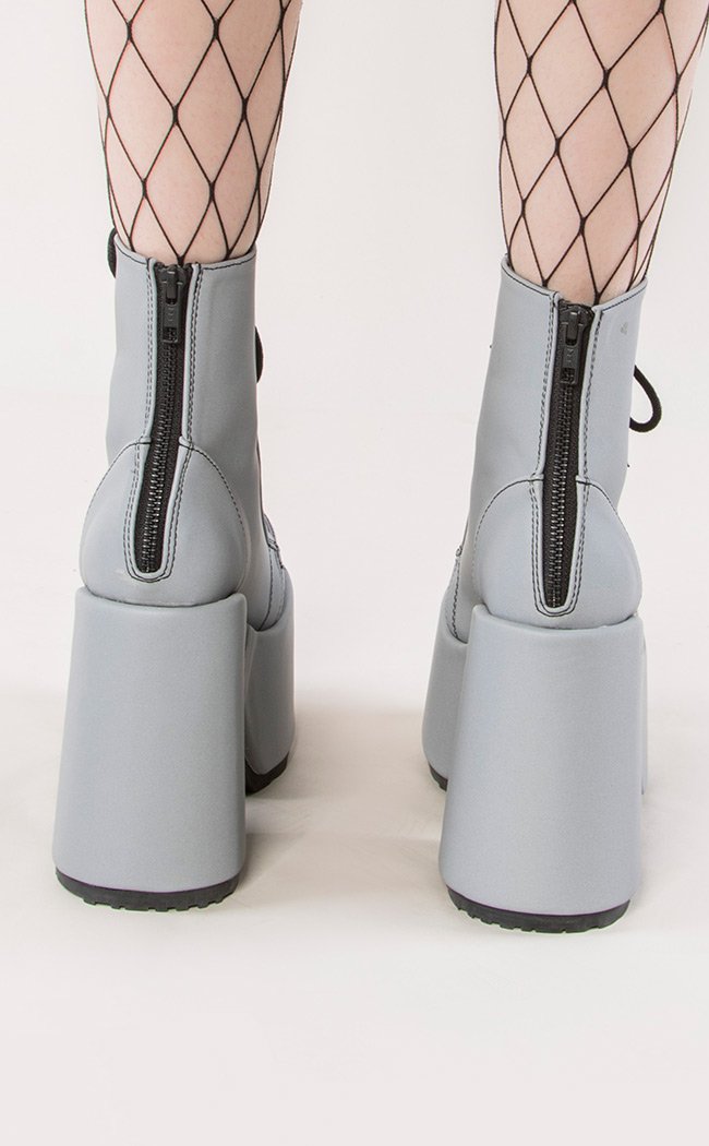 CAMEL-203 Grey Reflective Ankle Boots-Demonia-Tragic Beautiful