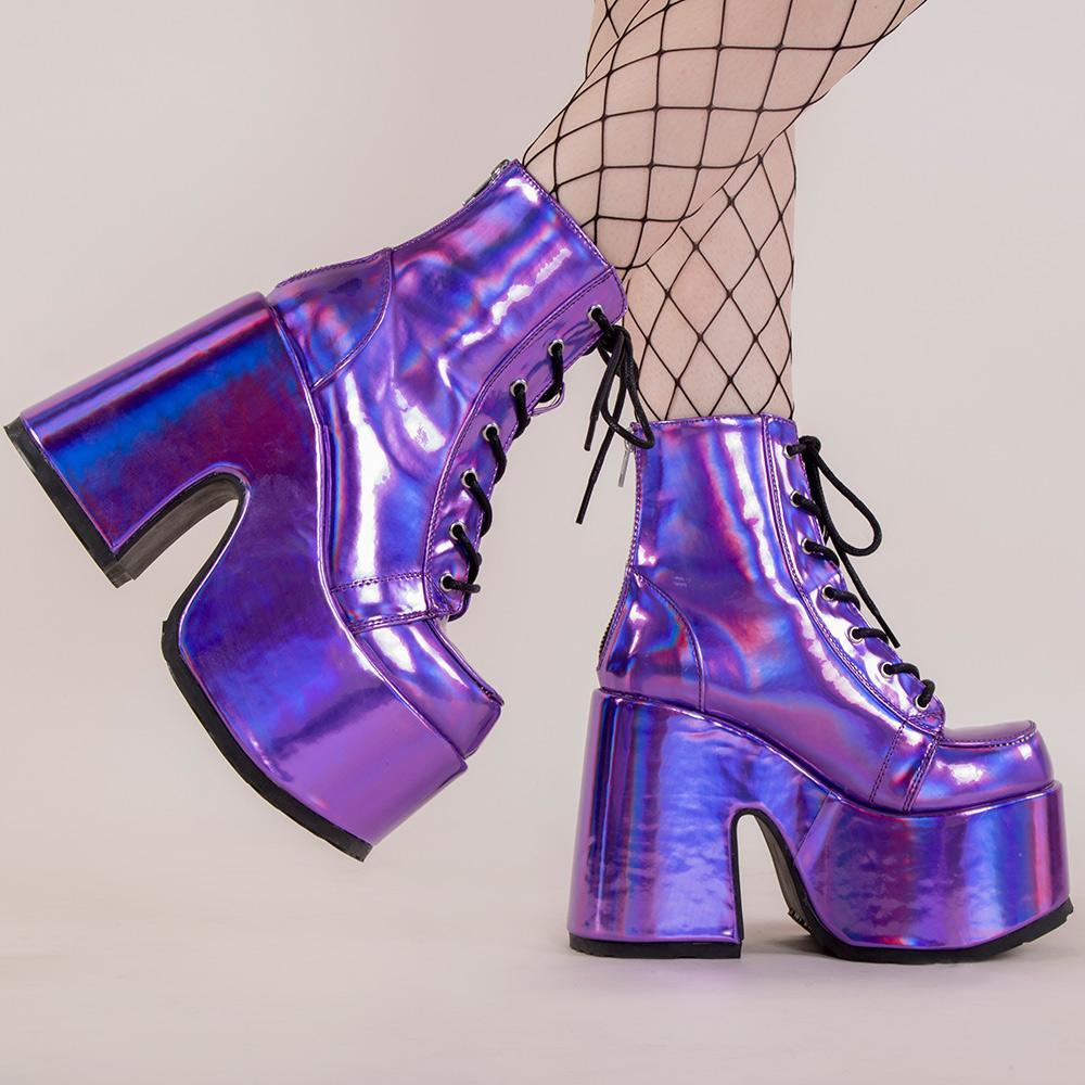 CAMEL-203 Purple Hologram Ankle Boots-Demonia-Tragic Beautiful