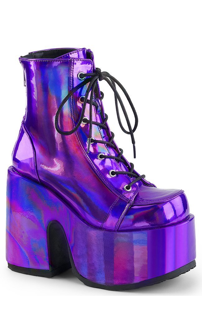CAMEL-203 Purple Hologram Ankle Boots-Demonia-Tragic Beautiful
