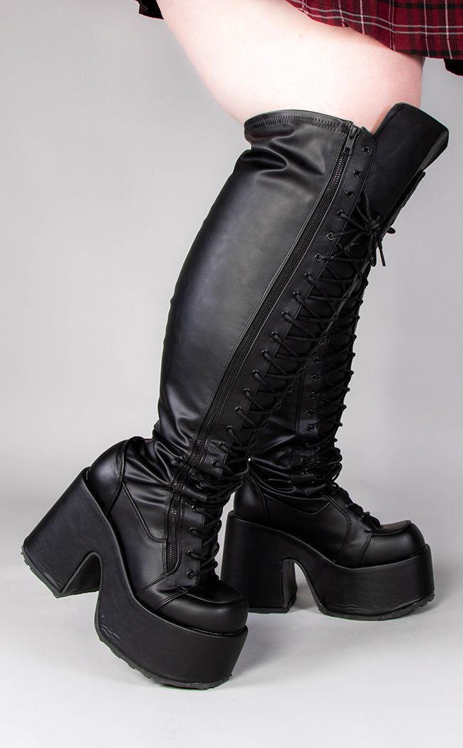 CAMEL-300WC Black Matte Vegan Thigh High Boots | Wide Calf (Au Stock)-Demonia-Tragic Beautiful