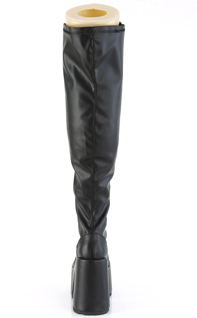 CAMEL-300WC Black Matte Vegan Thigh High Boots | Wide Calf-Demonia-Tragic Beautiful