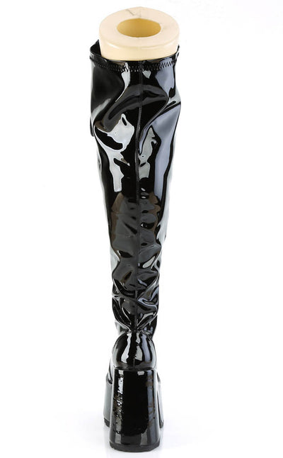 Demonia CAMEL-300 Black Patent Thigh High Boots | Goth Shoes Australia