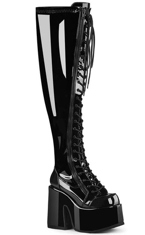 CAMEL-300WC Black Patent Vegan Thigh High Boots | Wide Calf-Demonia-Tragic Beautiful