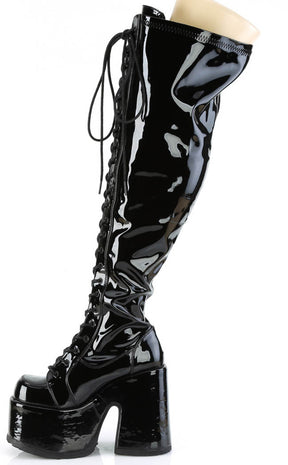 CAMEL-300WC Black Patent Vegan Thigh High Boots | Wide Calf-Demonia-Tragic Beautiful