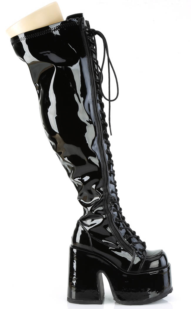 CAMEL-300WC Black Patent Vegan Thigh High Boots | Wide Calf-Demonia-Tragic Beautiful