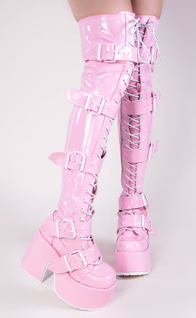CAMEL-305 Baby Pink Holo Thigh High Boots (Au Stock)-Demonia-Tragic Beautiful