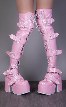 Demonia CAMEL-305 Baby Pink Thigh High Boots | Gothic Shoes Australia