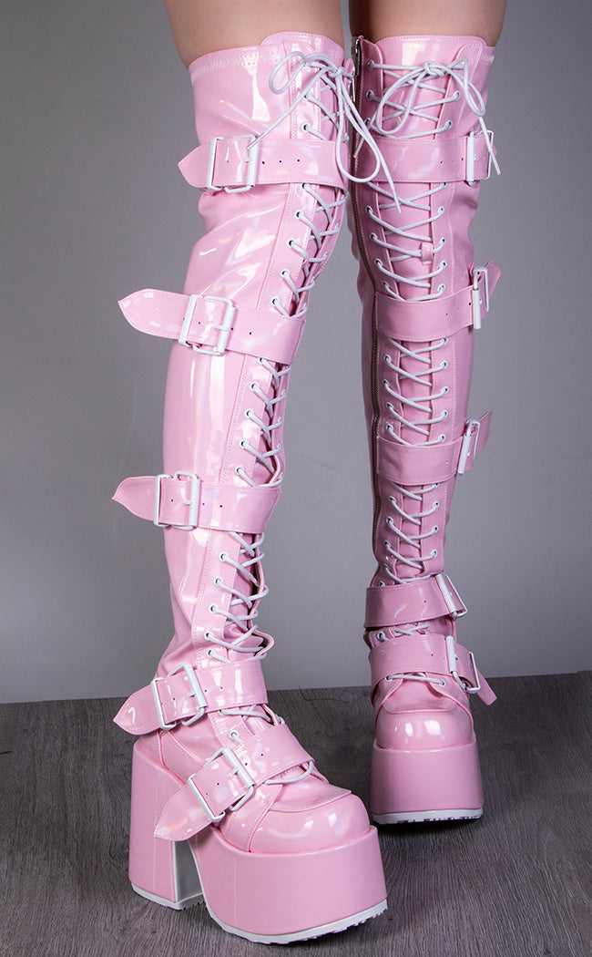 CAMEL-305 Baby Pink Holo Thigh High Boots-Demonia-Tragic Beautiful