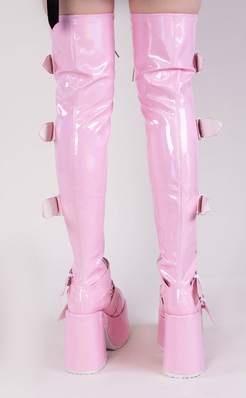 Demonia CAMEL-305 Baby Pink Thigh High Boots | Gothic Shoes Australia