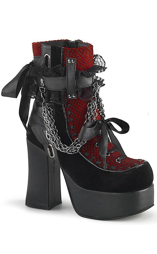 CHARADE-110 Red Velvet Chained Lace Boots (AU Stock)-Demonia-Tragic Beautiful