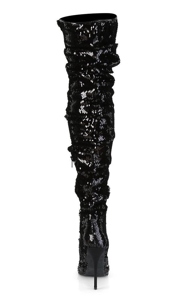 COURTLY-3011 Black Sequin Thigh High Boots-Pleaser-Tragic Beautiful