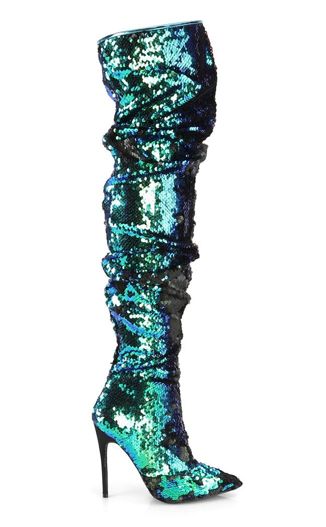 COURTLY-3011 Green Iridescent Sequin Thigh High Boots-Pleaser-Tragic Beautiful