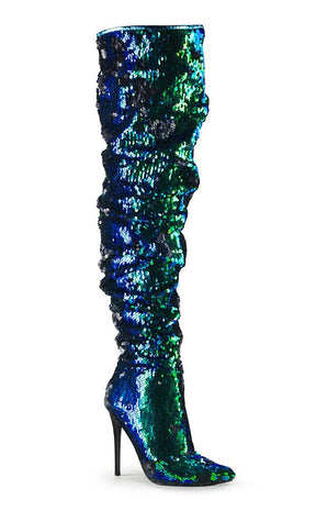 COURTLY-3011 Green Iridescent Sequin Thigh High Boots-Pleaser-Tragic Beautiful