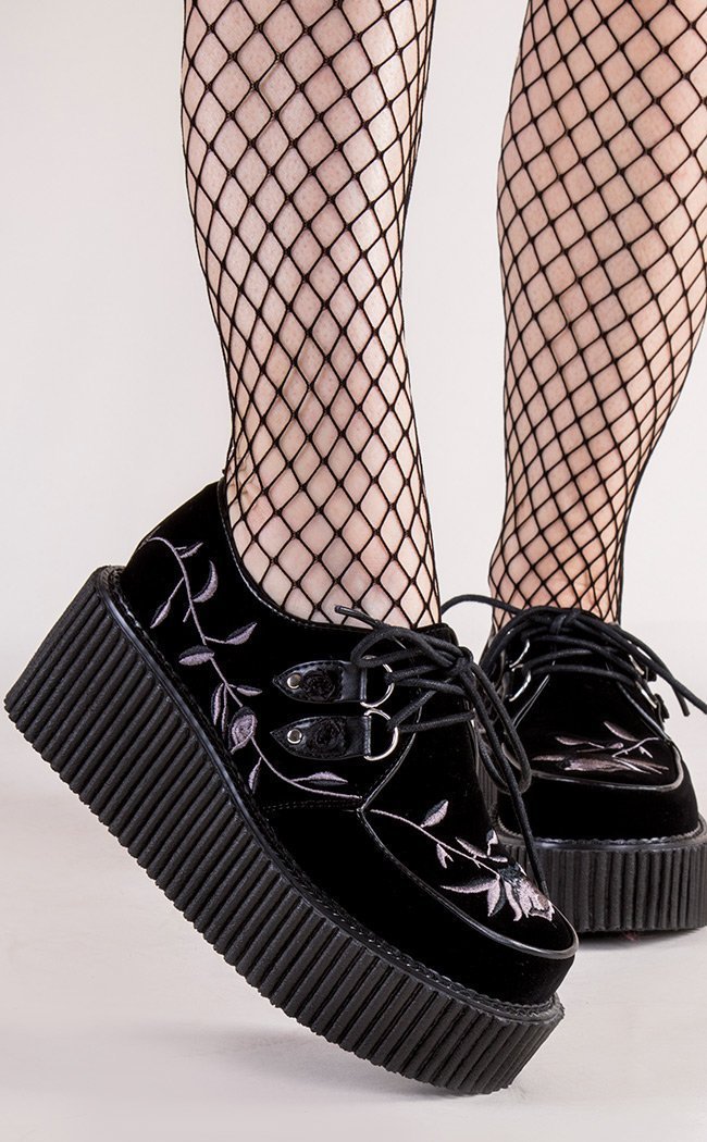 CREEPER-219 Black Velvet Creepers (Au Stock)-Demonia-Tragic Beautiful