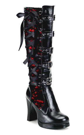 CRYPTO-106 Black & Red Lace Knee High Boots-Demonia-Tragic Beautiful