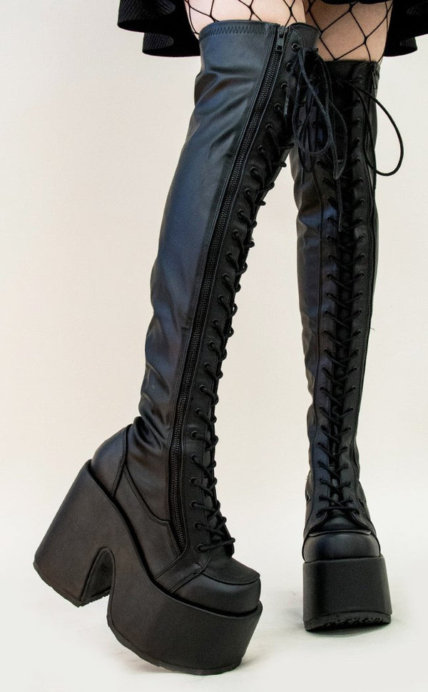 Demonia CAMEL-300 Black Vegan Thigh High Boots | Goth Shoes Australia
