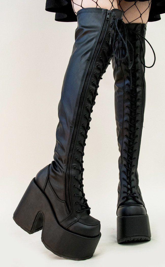 Camel-300 Black Matte Vegan Thigh High Boots-Demonia-Tragic Beautiful