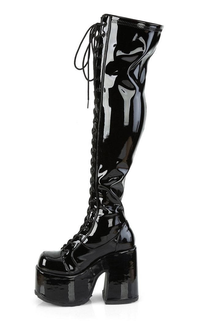 Camel-300 Black Patent Thigh High Boots (AU Stock)-Demonia-Tragic Beautiful