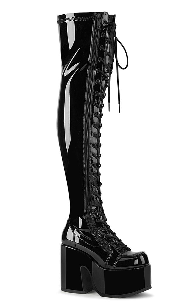 Camel-300 Black Patent Thigh High Boots-Demonia-Tragic Beautiful